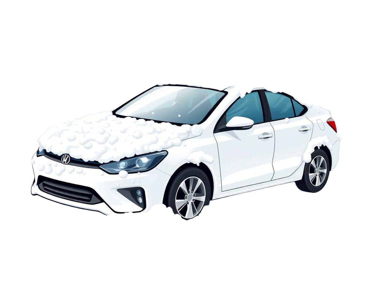 A white car covered in soap suds being washed by WASHMORA